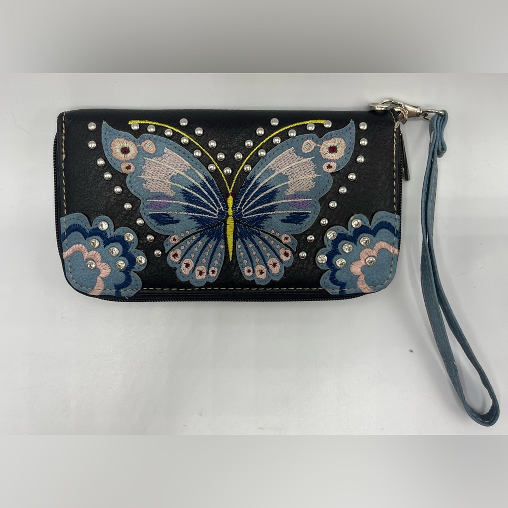 Embroidered Butterfly Black Clutch